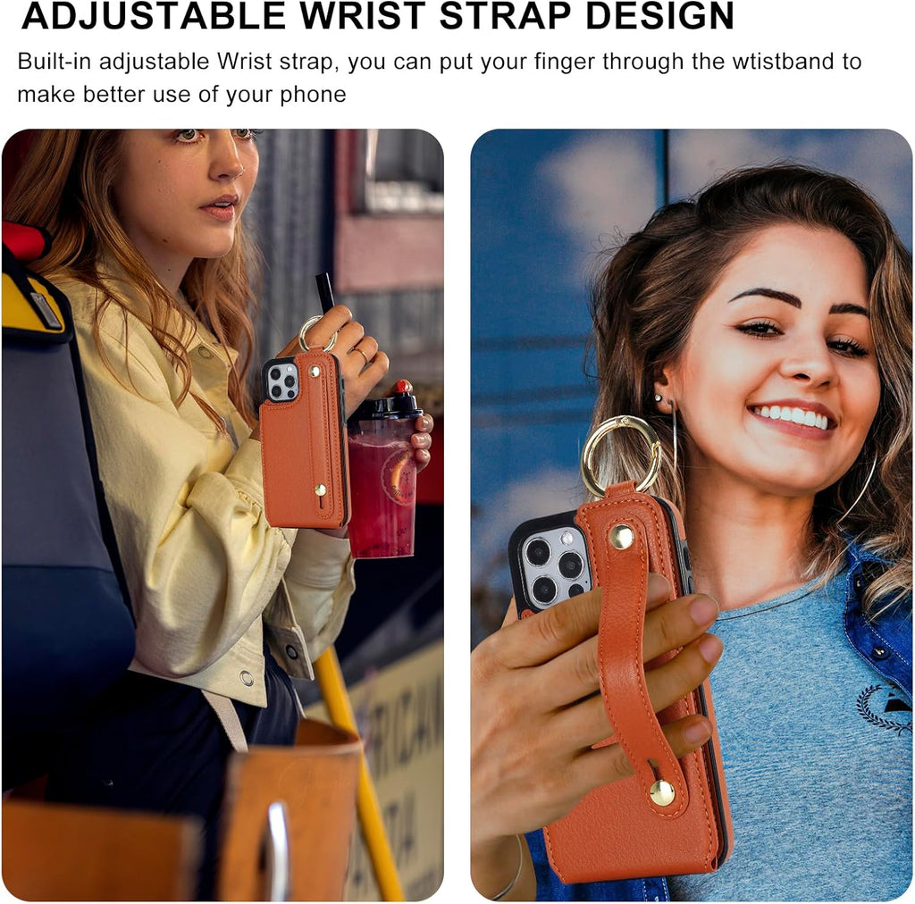 Folosu for iPhone 12/12 Pro Wallet Case with Card Holder, Hand Wrist Strap Loop Holder Kickstand, RFID Blocking Finger Grip Ring PU Leather Double Buttons Shockproof Cover 6.1" Brown