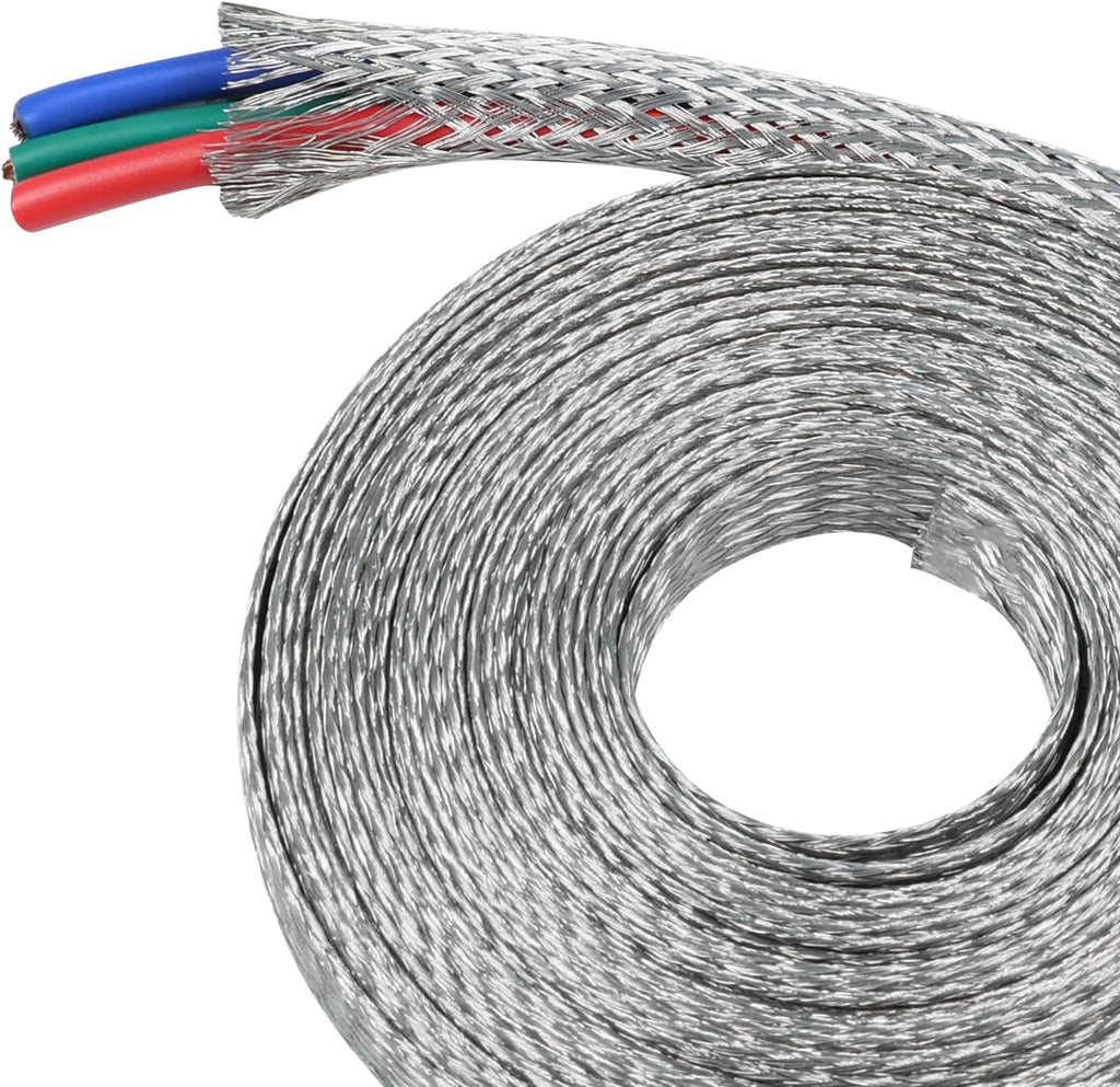 Tinned Copper Metal Braid Sleeving Wire Shielding Sleeve Braided Copper Ground Straps EMI/RFI Interference Expandable Flat Mesh Shielding Cable for Protect Wire (5/16inch-22ft)