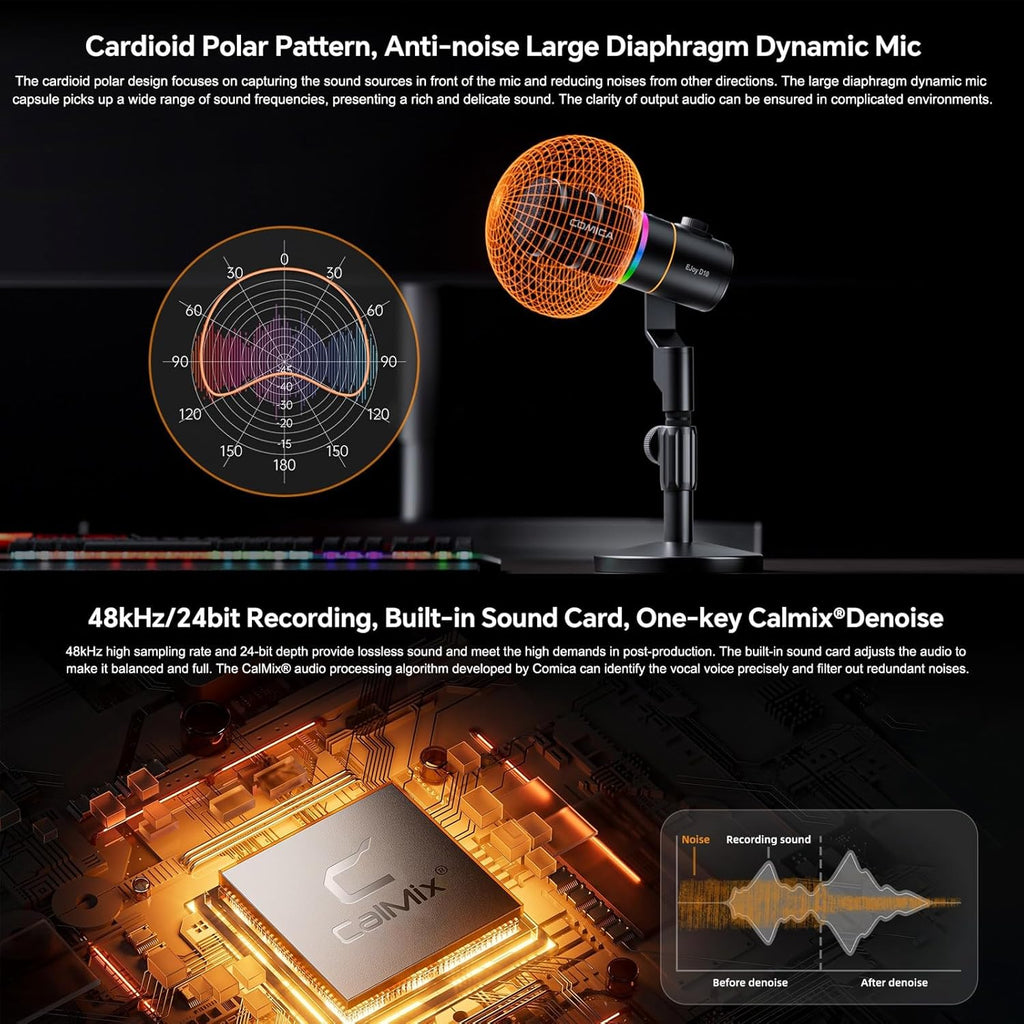 COMICA D10 Pro D Wireless/XLR/USB Dynamic Microphone with Receiver Desktop Stand- Dual Channel Cardioid Mic, 45H Battery, RGB Lights, CalMix Denoise for Gaming/Streaming/PD(PC, PS4/5, Mac,Phone-White