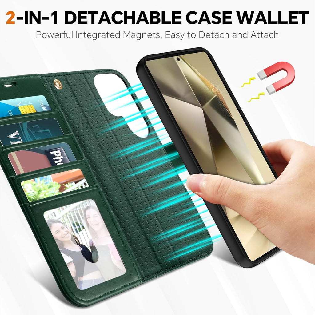 TUCCH Wallet Case for Galaxy S25 Ultra, [Removable] 2 in 1 [Wireless Charging] Wrist Strap RFID Blocking [4 Card Slot] PU Leather Stand Cover, Magnetic Detachable Folio for Galaxy S25 Ultra, Evergreen