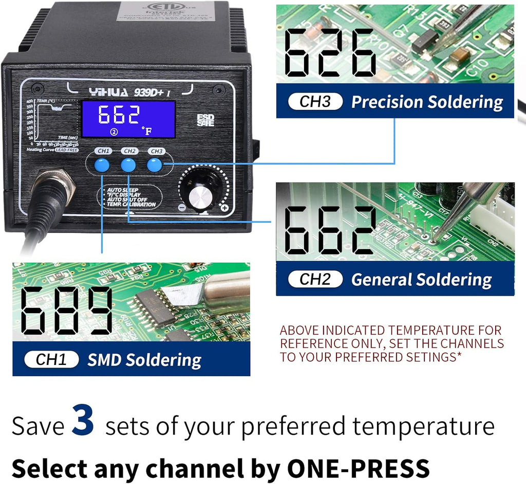 YIHUA 939D+ I Soldering Station, Upgraded, 75 Watt Equivalent with 3 Memories, °C/°F LCD display, Sleep Function, Automatic Shutdown & Brushed Aluminum Panel(Iron-burn Resistant)