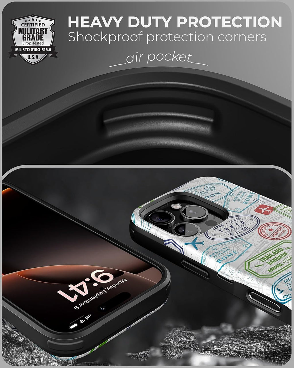 TORU CX Slim for iPhone 16 Pro Case Wallet | Protective Shockproof Heavy Duty Cover with Hidden Card Holder & Card Slot | Mirror & Wrist Strap Included - Travel Stamps