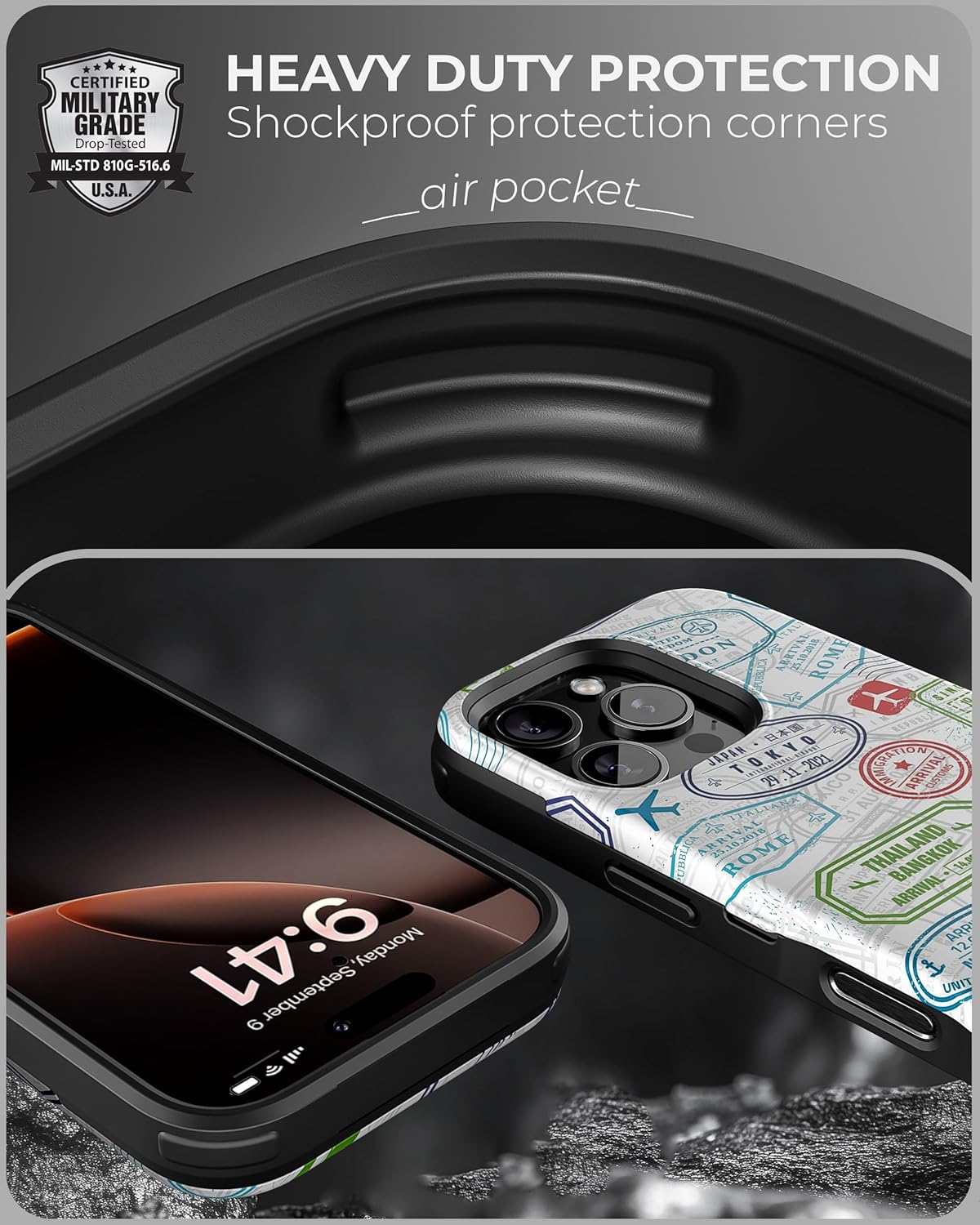 TORU CX Slim for iPhone 16 Pro Case Wallet | Protective Shockproof Heavy Duty Cover with Hidden Card Holder & Card Slot | Mirror & Wrist Strap Included - Travel Stamps