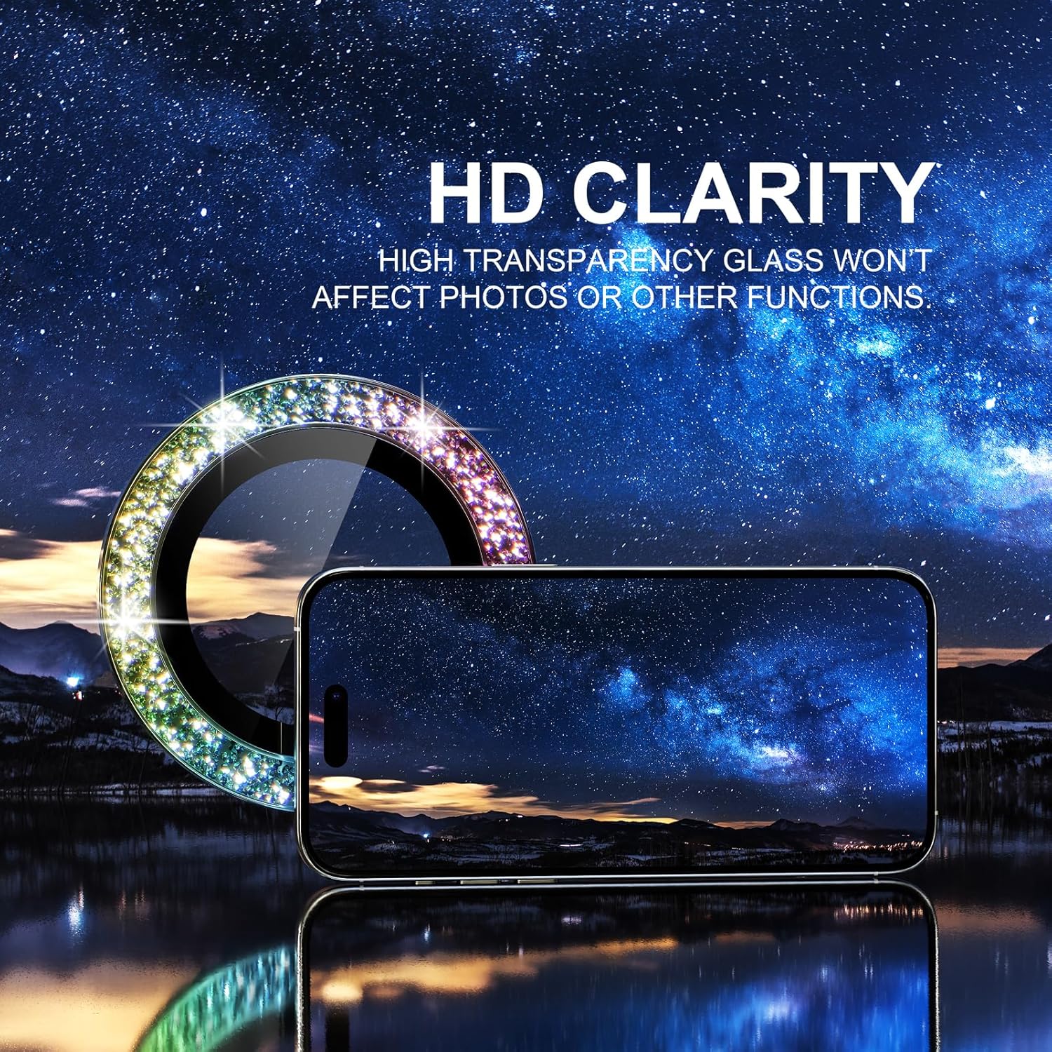 Choiche Compatible for iPhone 15 Pro/iPhone 15 Pro Max Camera Lens Protector Bling, 9H Tempered Glass Camera Cover Screen Protector Metal Ring Decoration Accessories (Glitter-Colorful)