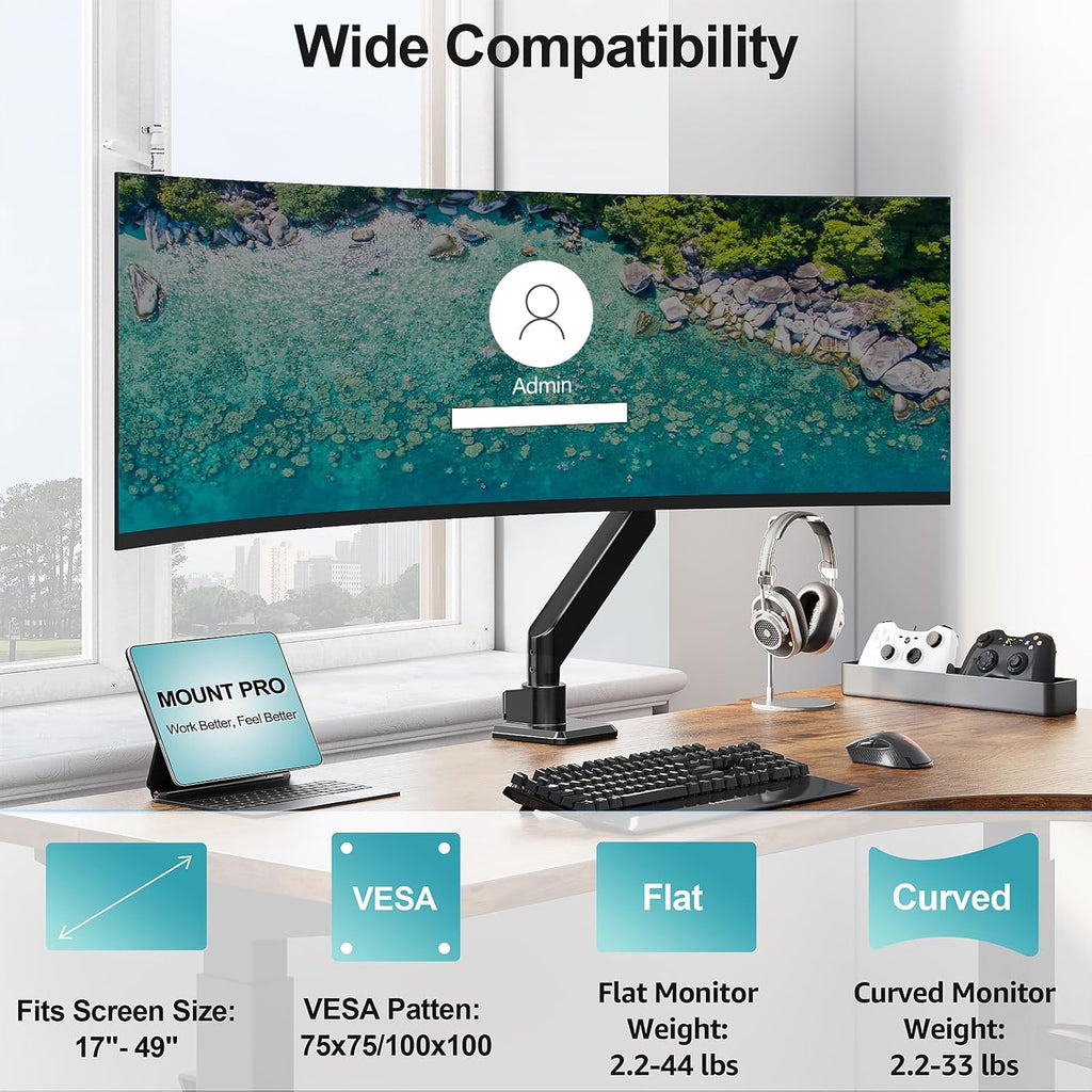 MOUNT PRO Heavy Duty Monitor Arm for 49 inch Ultrawide Screen up to 44 lbs, Single Desk Computer Mount Curved Monitor Stand for Samsung Odyssey G9, Adjustable Gas Spring VESA Mount 75x75 100x100