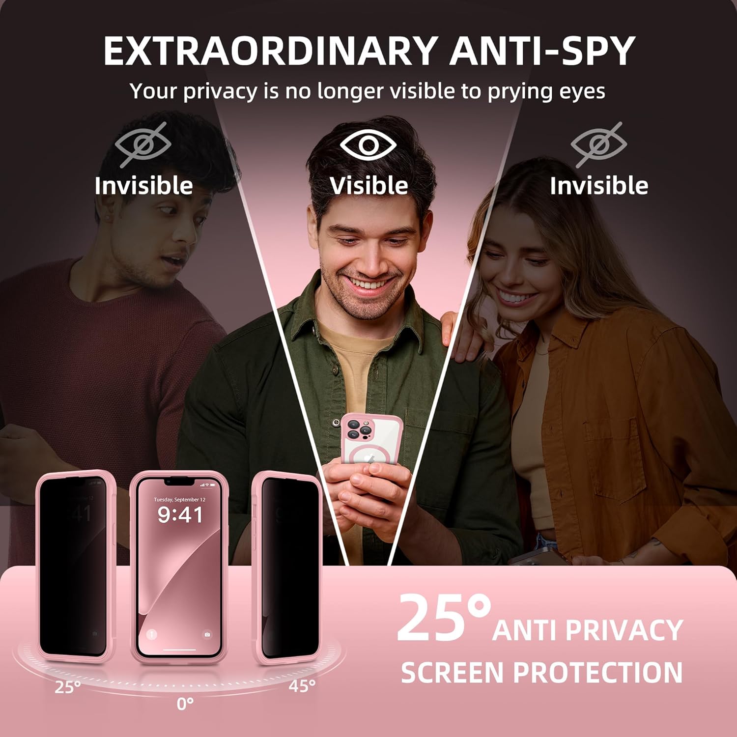 BERFY Magnetic for iPhone 13 Pro Max Case, Compatible with MagSafe, Built-in Privacy Screen Protector and Upgraded Camera Protection, Anti-Spy Full Body Shockproof Phone Case for 13 Pro Max 6.7", Pink