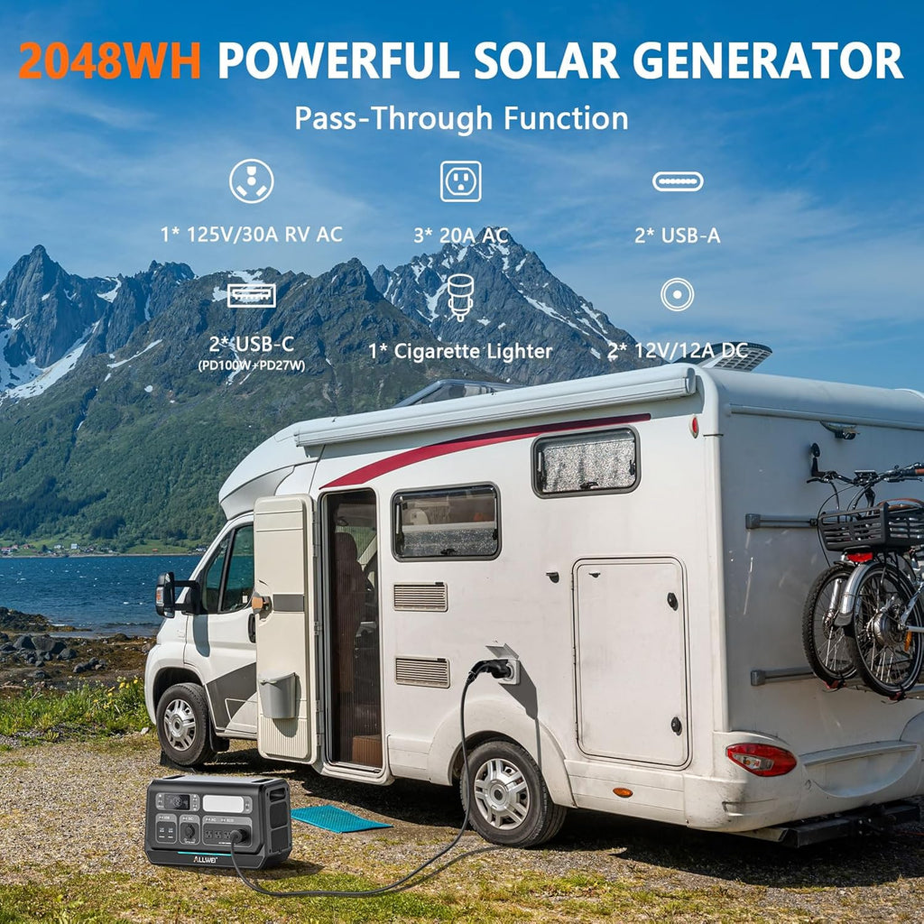 ALLWEI LiFePO4 Solar Generator 2400W(Surge 4800W) with 2x 200W Solar Panels, 2048Wh Portable Power Station, 4 AC Outlet, Expandable to 10240Wh, UPS Battery Generator for Outdoor RV Camping Home Use