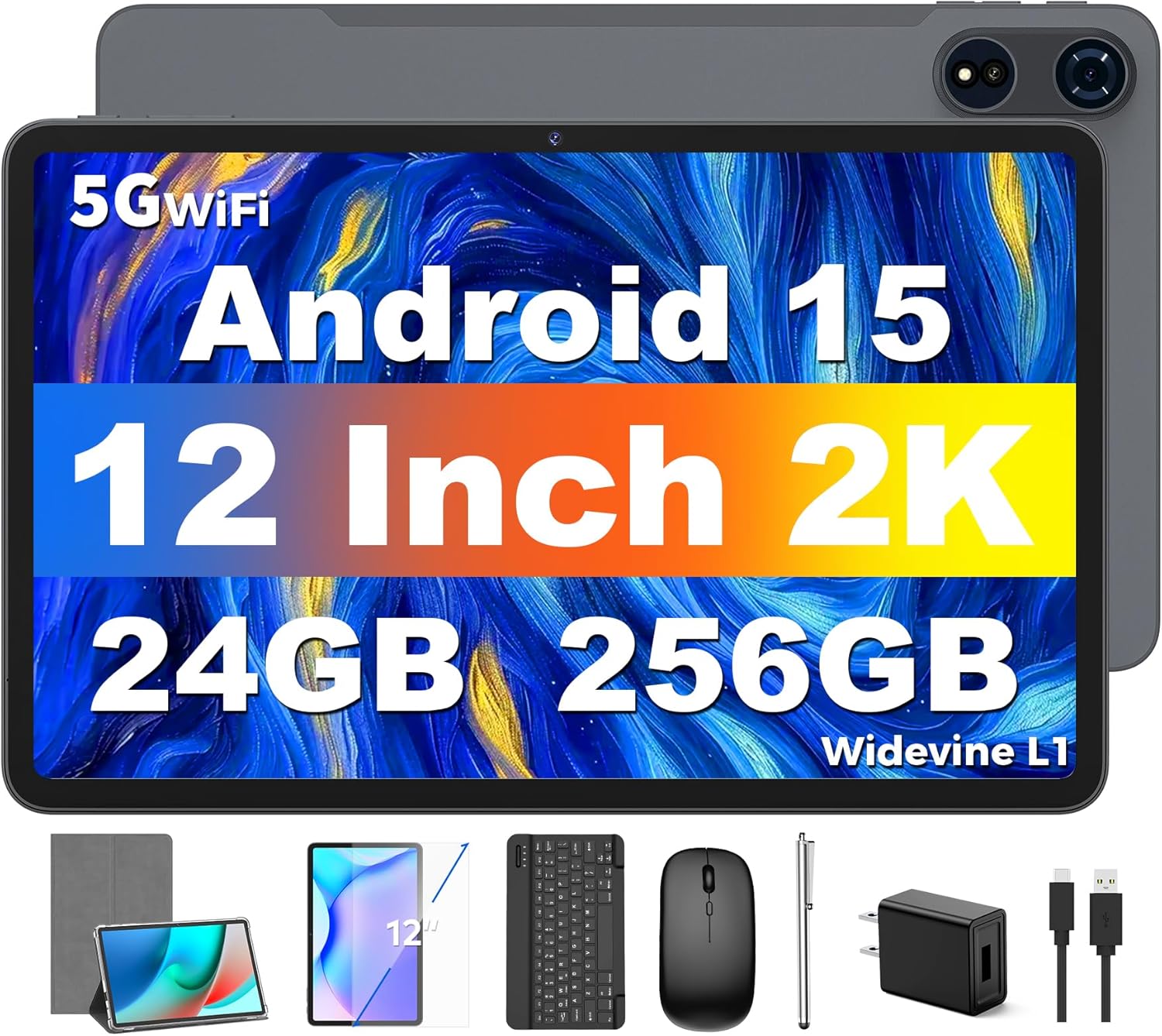 Tablet 12 inch Android 15 Tablets, 24GB（8+16）RAM+256 Storage(Expand to 1TB), Android Tablet with Keyboard, Octa-Core, 2K 2000x1200 Display, 16MP Dual Camera, 8000mAh, 5G WiFi,GPS,Bluetooth 5.0（Silver）