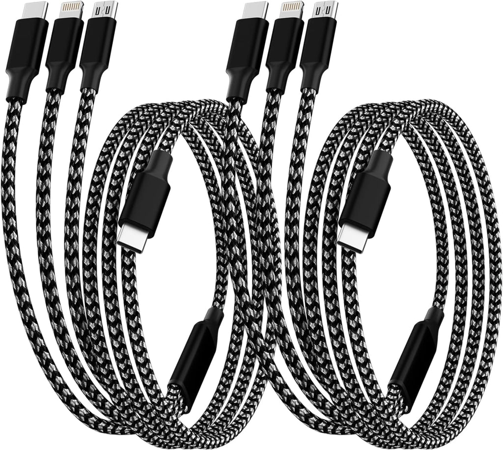 USB C Multi Charging Cable [2Pack 4FT], 3 in 1 Charging Cable Nylon Braided USB-C Multiple Charger Cord with Type-C, Micro USB and IP Port for iPhone 16/15 Series/Cell Phones and More
