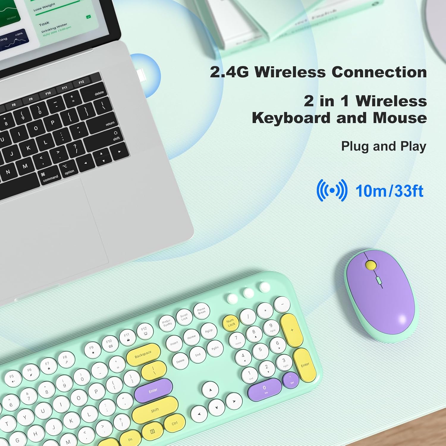 KNOWSQT Wireless Keyboard and Mouse Combo - Lovely Tiffany Blue Rainbow Full-Sized Typewriter Colorful Keyboards, Round Keycap Plug Play Retro Cute Keyboards for Windows, Laptop, PC, Desktop, Computer