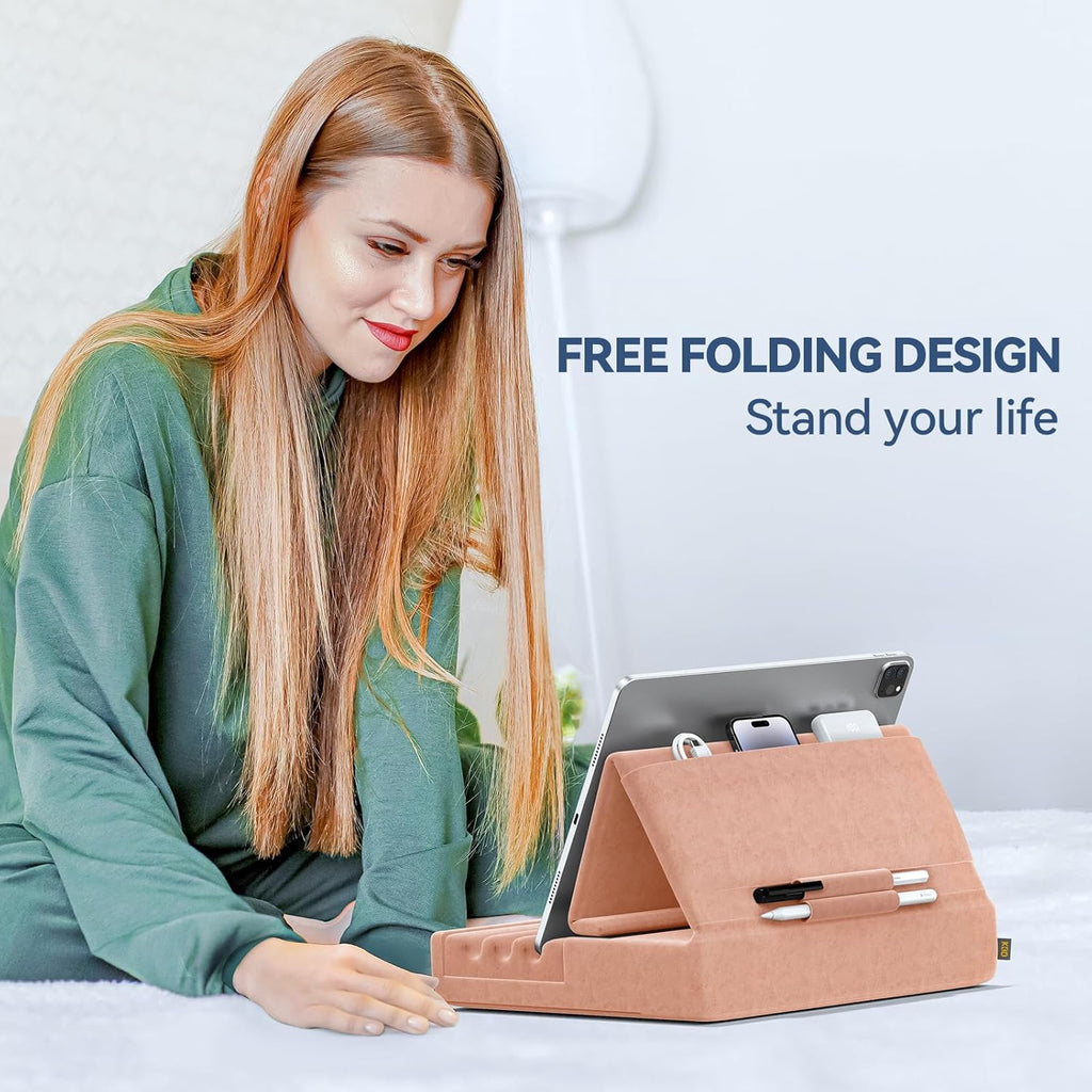 KDD Tablet Pillow Holder, Foldable iPad Stand for Lap, Bed and Desk -Tablet Soft Pad Dock with Pocket & Stylus Mount Compatible with iPad Pro 12.9, 10.5, 9.7 Air Mini 6 5 4 3, E-Reader