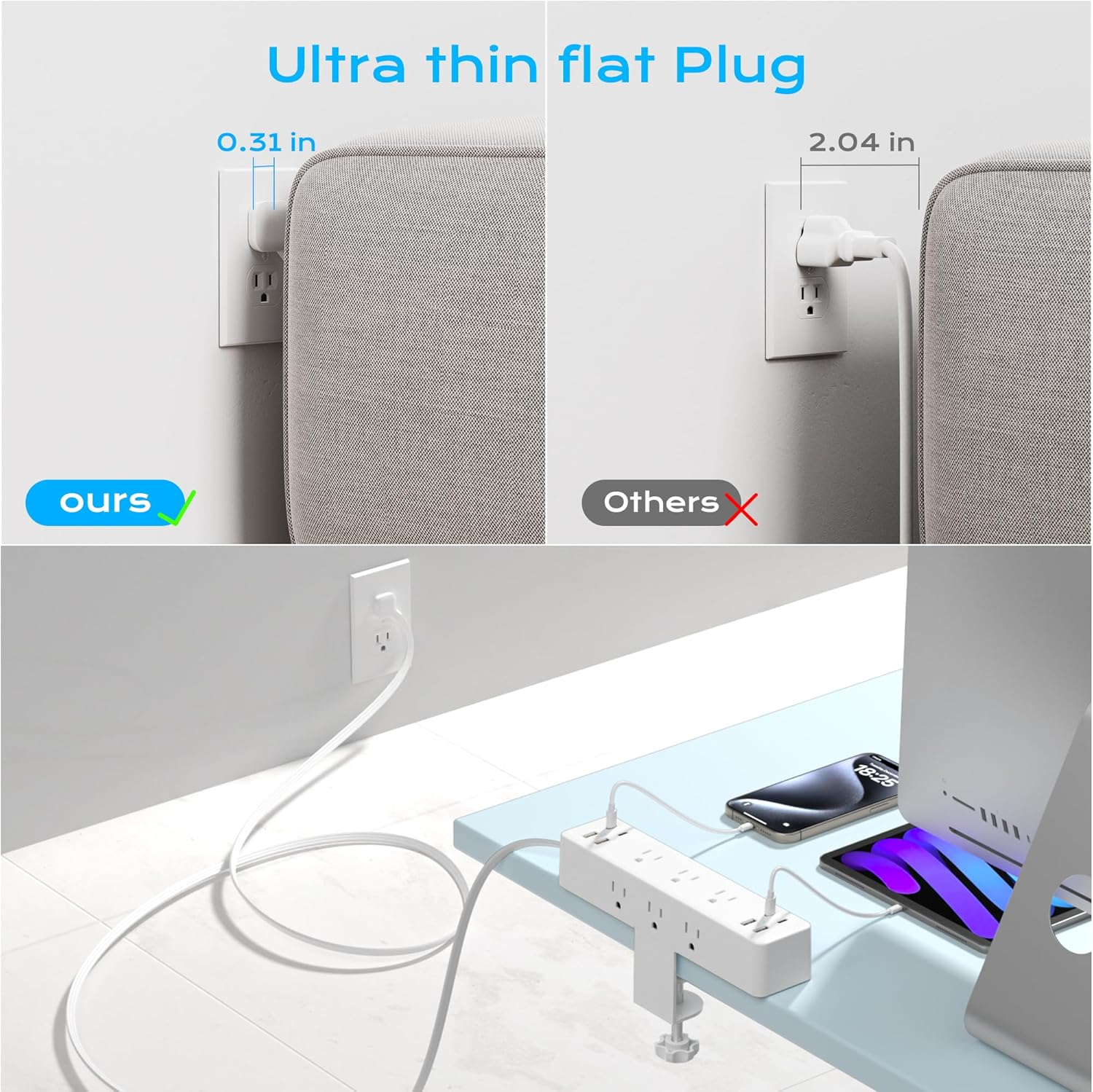 Flat Plug Desk Clamp Power Strip 10FT, 24W Total Charging Station, Desk Edge Mount Power Strip 9 AC Outlets 8 USB Ports Surge Protector, Fit 1.7" Tabletop Edge, Home Office Accessories, White