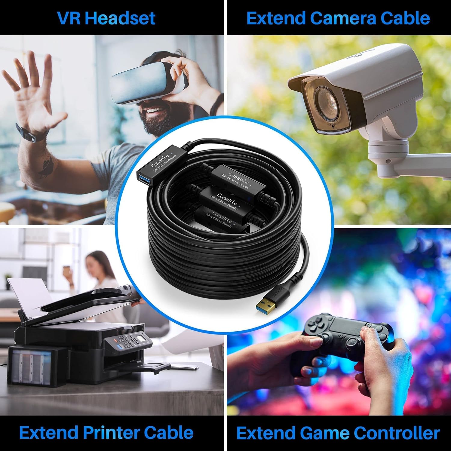 USB 3.0 Active Extension Cable 100 Feet, Long USB Type-A Male to Female Extender Cord, Built-in 3 Signal Booster Smart Chips, 5Gbps Transfer, Black USB Extension Cable with an AC Power Adapter (5V 2A)