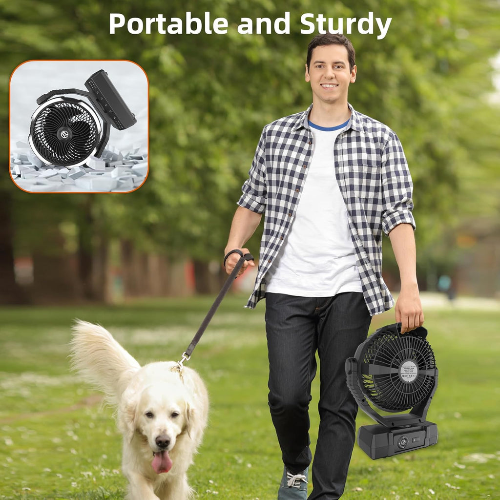 PANERGY Camping Fan with Light - 20000mAh Rechargeable Battery Fan with Charger, 70Hrs Cooling Time, 4 Speeds, 110° Auto Oscillation & 270° Pivot Design with Hook for Camping/Power Outage/Hurricane