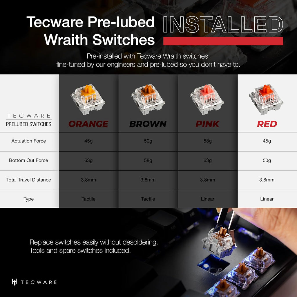 TECWARE Phantom+ 87 Key Mechanical Gaming Keyboard, RGB led, TKL 75% Keyboard, Thocky Sounding, Wraith Red Switch