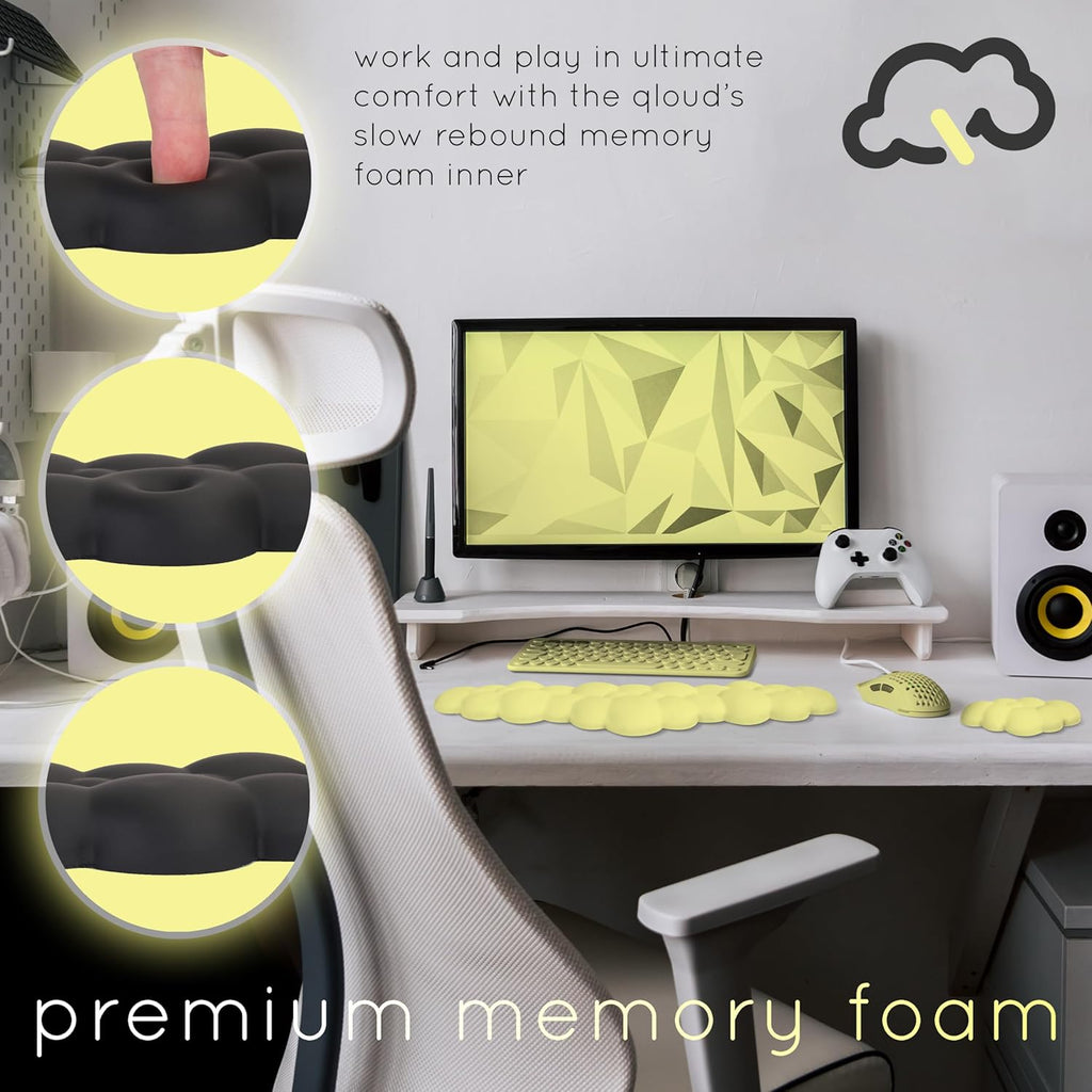 Qloud Cloud Wrist Rest Keyboard Wrist Rest for Computer Keyboard Pad, Cloud Keyboard Wrist Rest, Wrist Pad for Keyboard, Memory Foam, Non Slip Base, Comes with Mouse Pad - Yellow