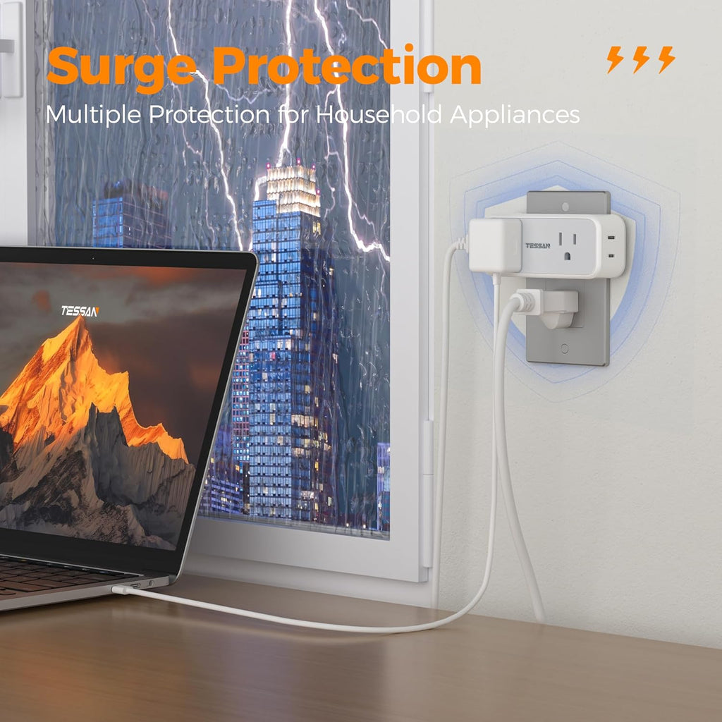 20W PD Surge Protector Outlet Extender, TESSAN Multi Plug Splitter with 4 Electrical Outlets 3 USB Ports(1 USB C), Multiple Plug Wall Expander for Home Office Dorm Room Essentials