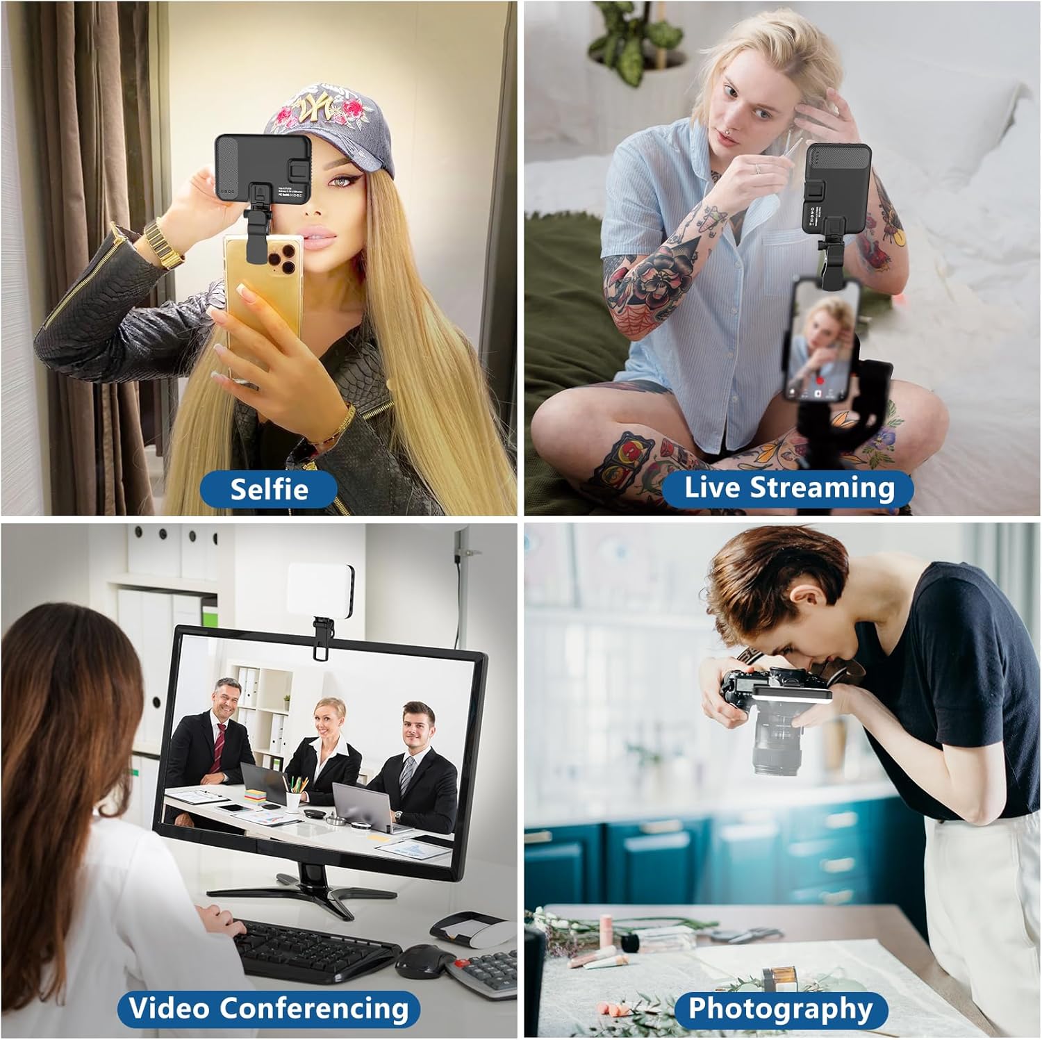 60 LED Portable Selfie Light Video Conference Lighting with Clip & Camera Tripod Adapter Rechargeable 2200mAh CRI 97+, 3 Light Modes for Phone iPhone Webcam Laptop Photo Makeup