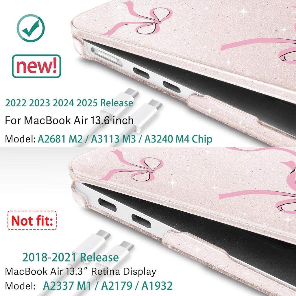 May Chen for MacBook Air 13.6 inch Case A3240 M4 A3113 M3 A2681 M2 with Retina Dispaly, 2025 2024 2023 2022 Release, Plastic Hard Shell Case with Keyboard Cover, Sakura Pink Glitter Bow