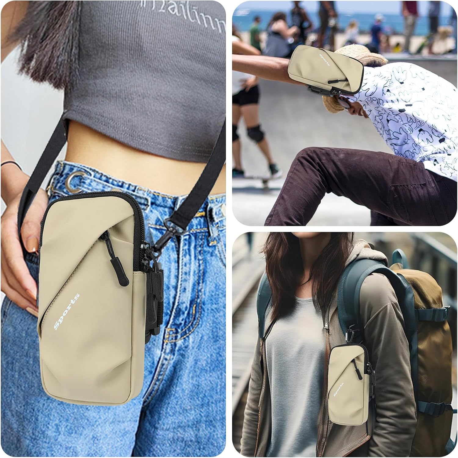 Cell Phone Armbands Running Phone Holder Armband, Phone Holder for Walking, Shoulder Holster Phone Purse Crossbody Bag Phone Pouch (Khaki)