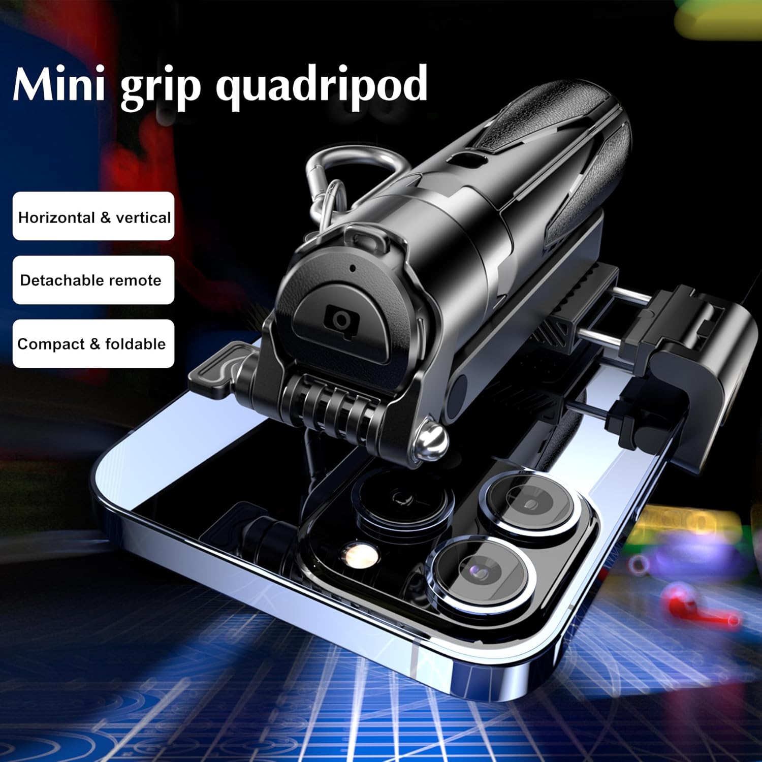 Mini Selfie Stick Tripod, Extendable Grip Phone Tripod with Detachable Remote Pocket Size, 4-in-1 Mini Phone Grip, 10m Wireless Shutter, Vlog Livestreaming Photography （Black）