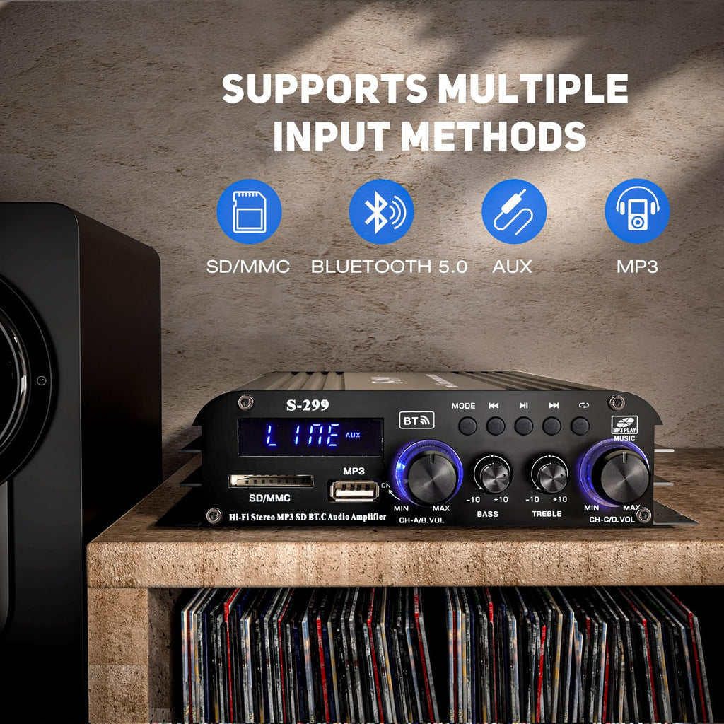 Facmogu S-299 4.1CH Bluetooth Power Amplifier with Active Subwoofer Output (NOT Passive Subwoofer), Max 800W RMS 40Wx4 Subwoofer Amplifier Hi-Fi Integrated Mini Speaker Amp Audio Sub Bass Amp