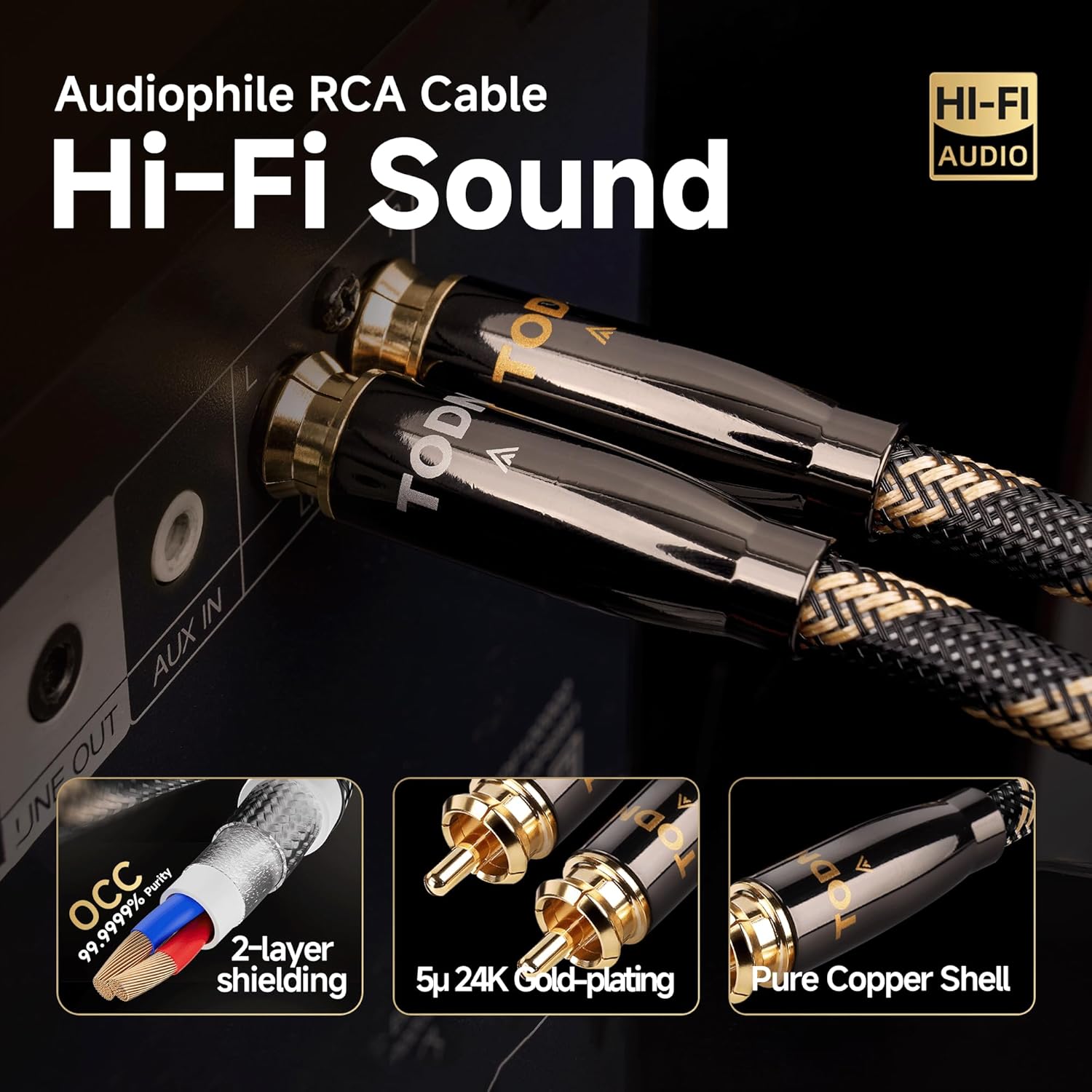TODN HiFi RCA Audio Cable Audiophile RCA Cables for Car Audio with O-C-C Copper Core, Dual Shielded (10 ft/3m, 1 Pair)