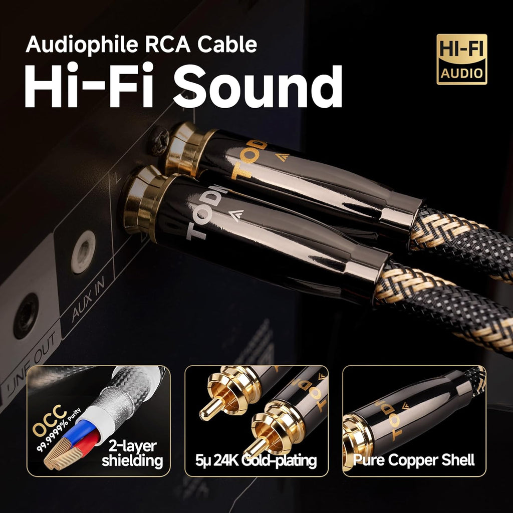 TODN RCA Cables Audiophile 3ft HiFi Stereo RCA Audio Cable for Car, Speaker | O-C-C Core, Dual Shielded, 5μ Gold Plated Plug (3 ft/1m, 1 Pair)