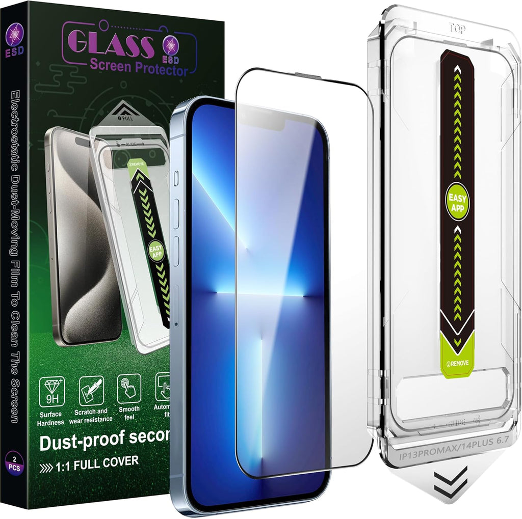 [2-Pack Ultra HD Clear Screen Protector for iPhone 13 Pro Max/14 Plus (6.7-Inch),9H Tempered Glass,Full Coverage,Anti-Fingerprint,Auto Dust Removal,Bubble-Free,Easy Installation