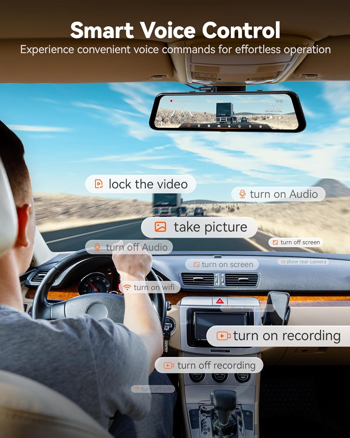 WOLFBOX G850 PRO 4K Mirror Dash Cam with ADAS and BSD, Smart Rear View Mirror with 5.8GHz WiFi, Voice Control, 12 inches Camera Includes 64GB Card, GPS, G-Sensor, Loop Recording