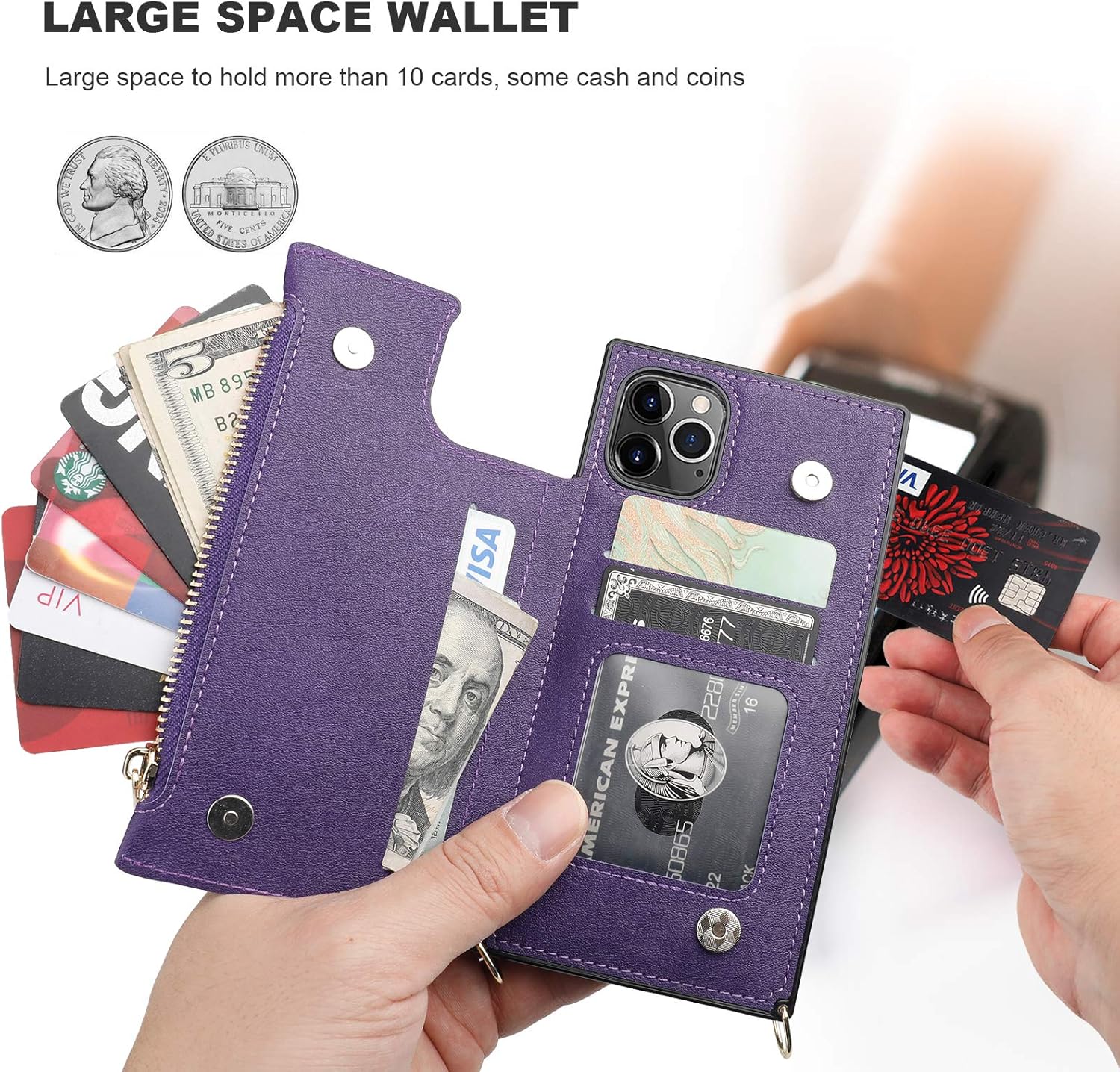 Bocasal Crossbody Wallet Case for iPhone 11 Pro with Card Holder,Zipper Card Slot Protector Shockproof Purse Cover with Removable Cross Body Strap 5.8 Inch(Purple)