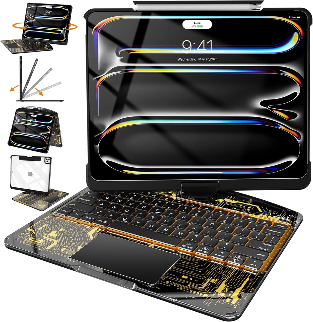 Intermerge Clear Keyboard Case for iPad Pro 13" (M4) 2024 Only, 360° Swivel Multi-Touch Trackpad, 7-Color RGB Backlit, Pencil Holder, Type-C, Power Indicator, Shadow Pulse