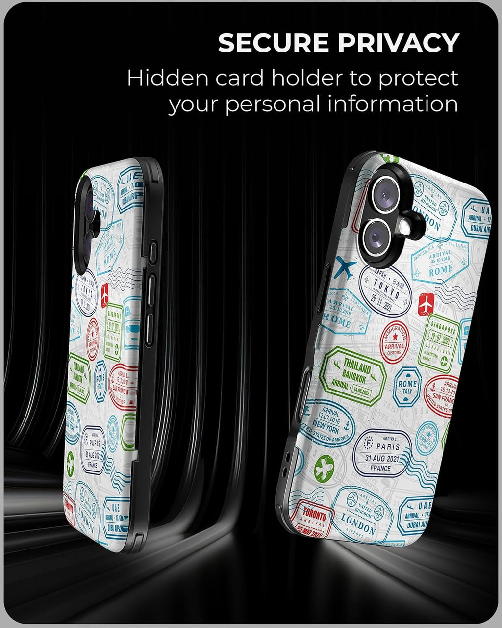 TORU CX Slim for iPhone 16 Case Wallet | Protective Shockproof Heavy Duty Cover with Hidden Card Holder & Card Slot | Mirror & Wrist Strap Included - Travel Stamps