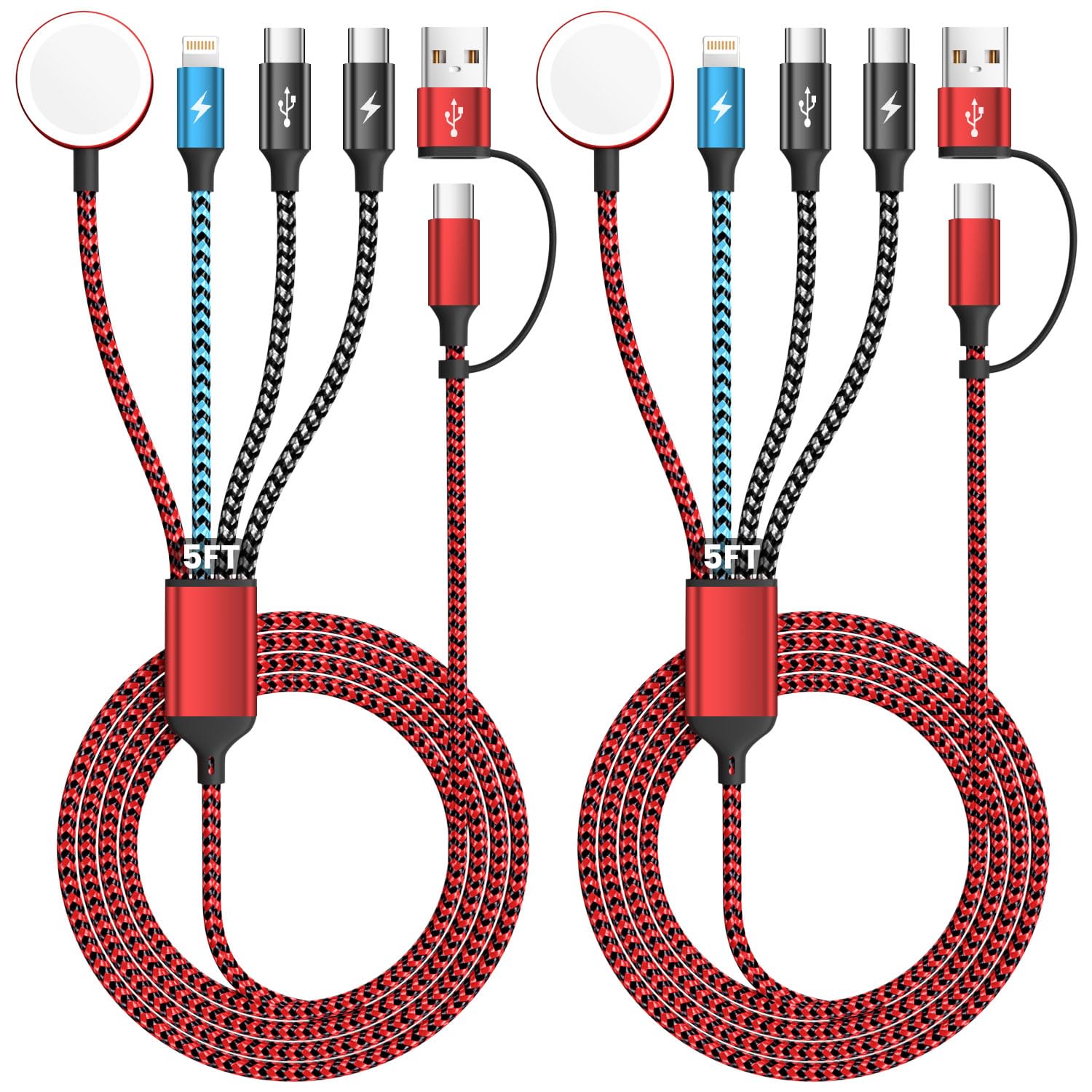Travel Essentials 4in2 Multi Charging Cable for Apple Watch Charger,USB A/C to Dual Type C/IP/iWatch Charger,Travel Chargers for Multiple Devices Compatible with iWatch Series&iPhone 16-12（2PACK,5FT）