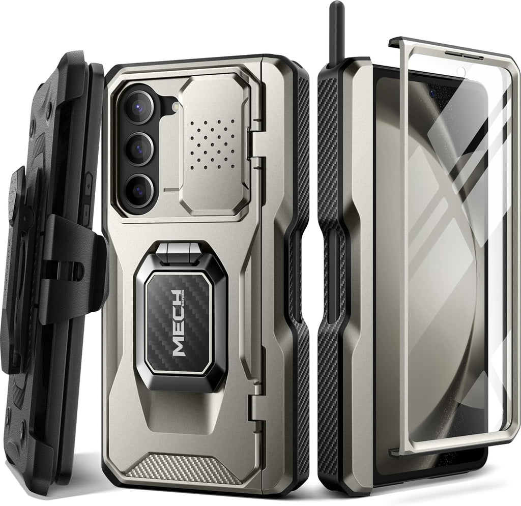 TONGATE for Z Fold 5 Case with Ring Stand, Built-in S Pen Holder & Glass Screen Protector Shockproof Rugged Z5 Phone Case with Slide Camera Cover & Belt Clip for Samsung Galaxy Z Fold 5 2023, Gray