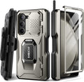 TONGATE for Z Fold 5 Case with Ring Stand, Built-in S Pen Holder & Glass Screen Protector Shockproof Rugged Z5 Phone Case with Slide Camera Cover & Belt Clip for Samsung Galaxy Z Fold 5 2023, Gray