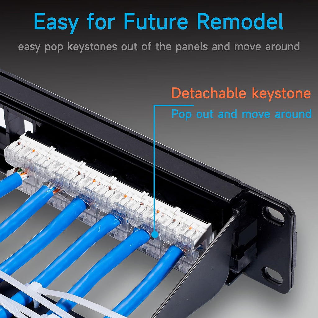 Cat6 Patch Panel 24 Port with Keystone, RJ45 Network Panel 19 Inch, Punch Down Keystone Ethernet Patch Panel with Back Bar