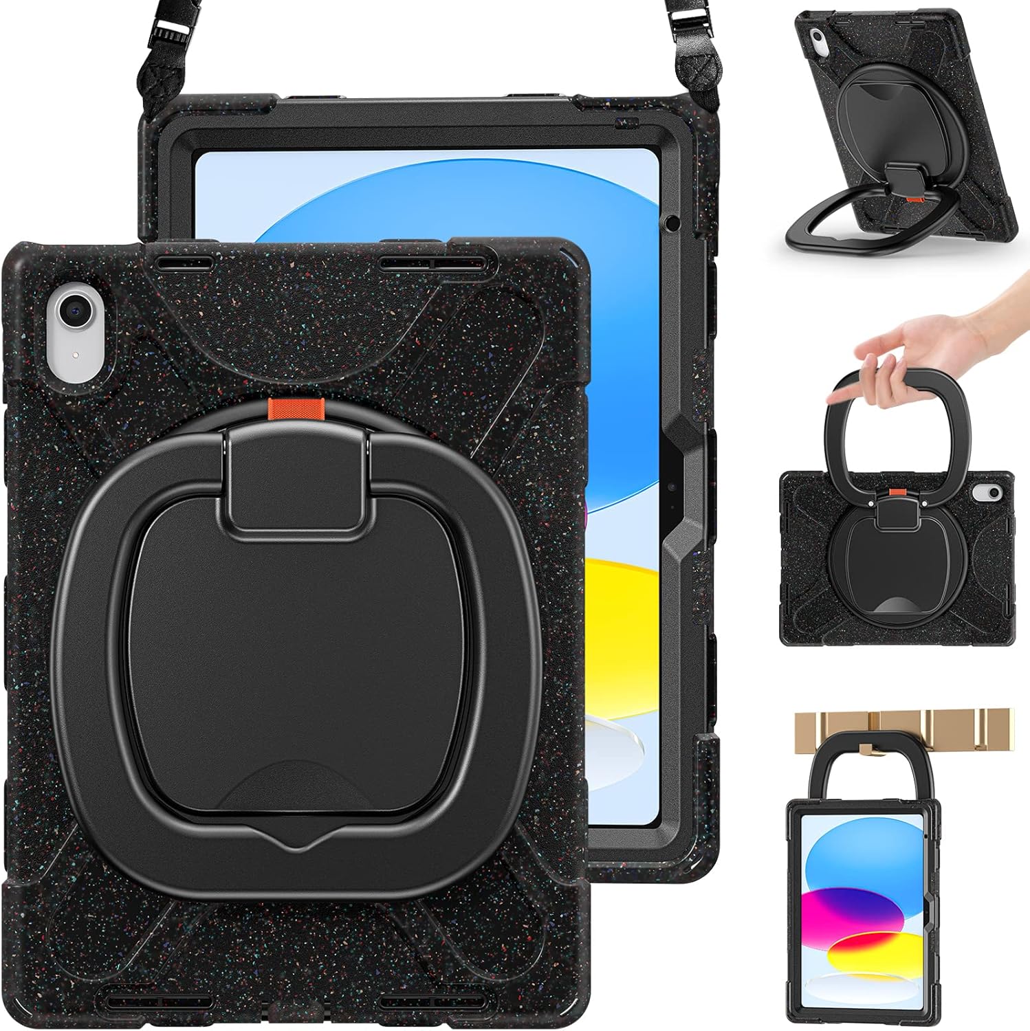 BRAECN Case for iPad (A16) 11th/10th Generation 11”/10.9'' 2025/2022-Heavy Duty Rugged Silicone Case w/Swivel Ring Stand/Kickstand/Shoulder Strap/Pencil Holder/Screen Protector-Carnival Night (Black)