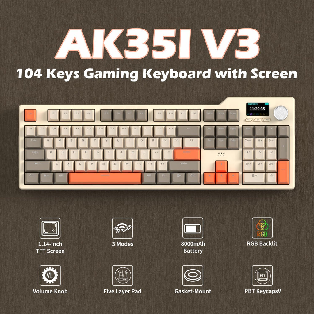 NACODEX AK35I V3 104 Keys RGB Gasket Mount Mechanical Keyboard | Amazing 8000mAh Bluetooth /2.4G /Wired PC Gaming Custom Keyboard with Five Layer Pad | Knob Control | Cherry Profile PBT Keycaps