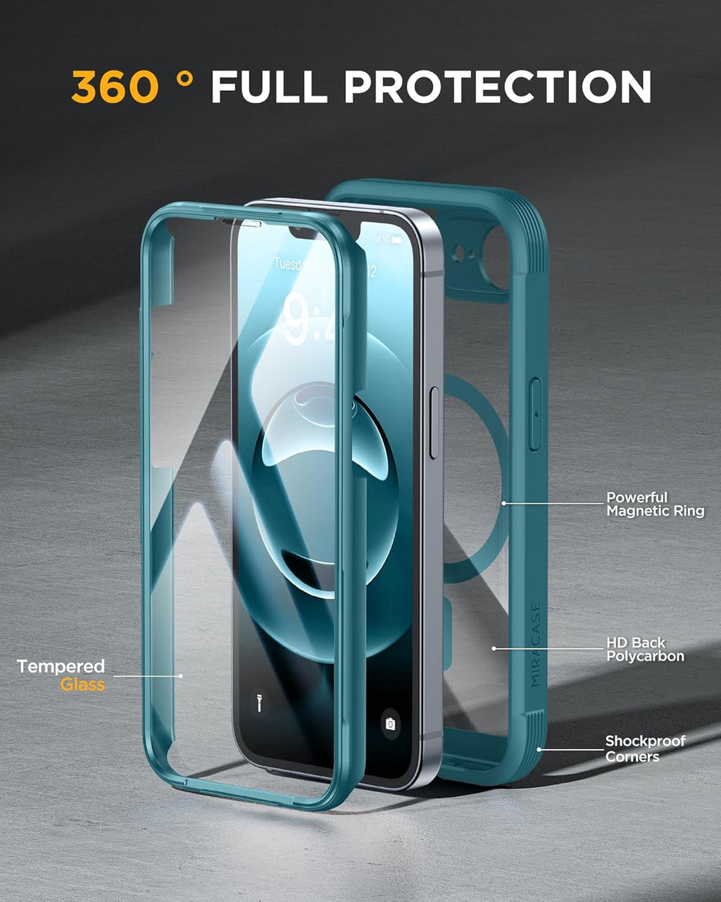 Miracase Magnetic for iPhone 16e Case Full-Body Phone with Built-in Glass Screen Protector, [Compatible with MagSafe] Military Drop Proof 16E Cover Bumper 6.1 inch, Green