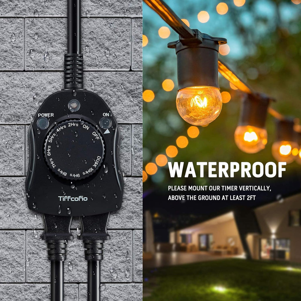 TiFFCOFiO Outdoor Timer Outlet, Dusk to Dawn Light Sensor Timer Weatherproof, 2 Grounded Outlets for Halloween and Christmas Lights, 15A 1/2HP, ETL Listed