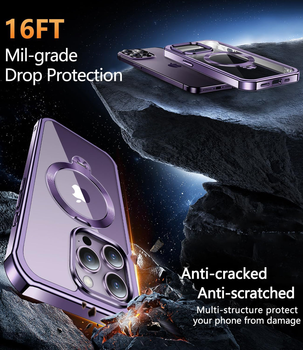 [360° Rotatable CD Stand & Built-in Privacy Screen] Magnetic Case for iPhone 14 Pro Max[Compatible with MagSafe&Full Signal]Mil-Grade Shockproof Full body Anti-Spy Cover for 14 Pro Max-Purple