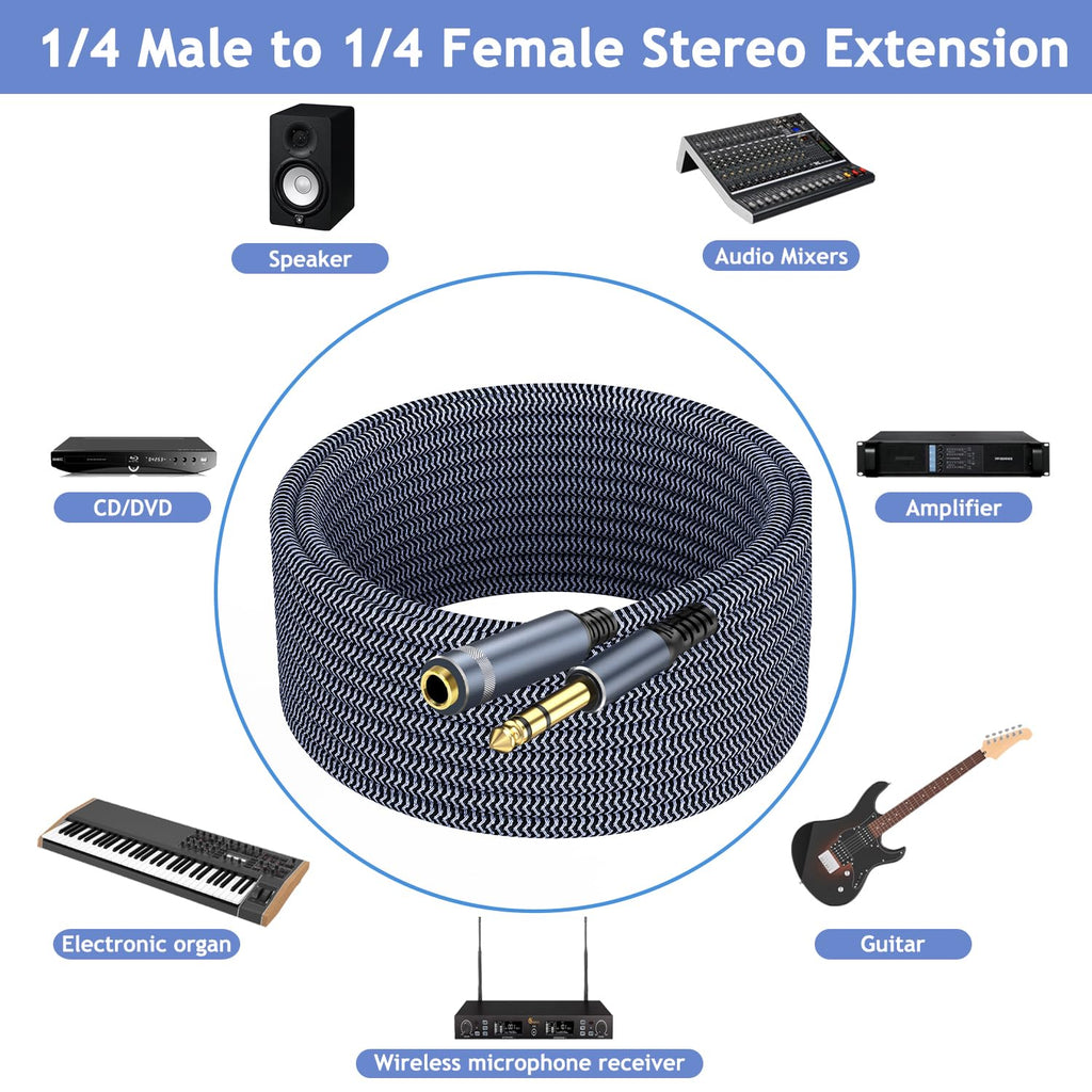 1/4" Male to Female Stereo Headphone Extension Cable - 15ft, Quarter Inch Guitar Cable