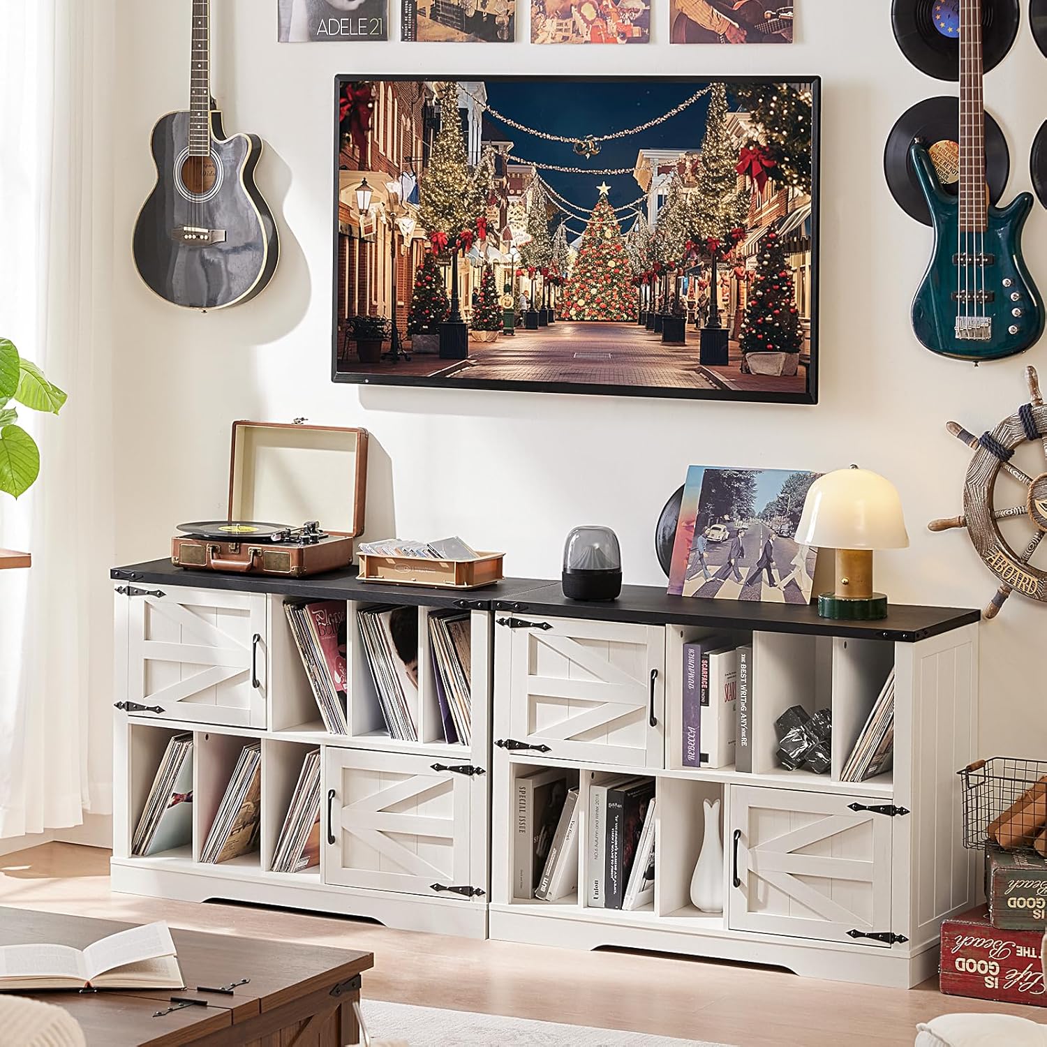 Large Record Player Stand with Vinyl Storage Up to 450 Albums, 39 Inch Farmhouse Rustic Wood White Storage Cabinet with Barn Doors, Vintage Mid-Century Turntable Stand for Bedroom, Living Room