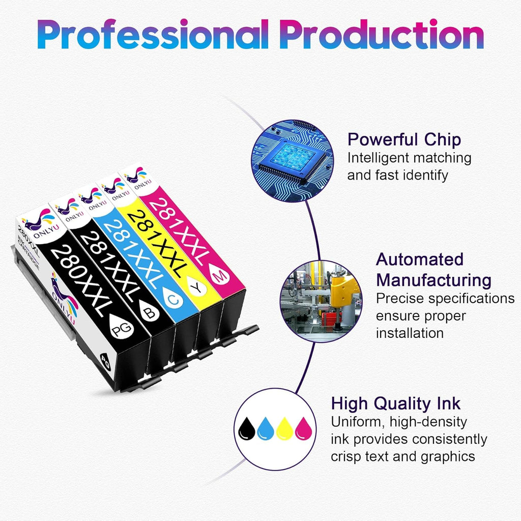 ONLYU 280XXL 281XXL Compatible for Canon Ink 280 and 281 Cartridges PGI-280XXL CLI-281XXL for Canon TR8520 Ink Cartridges for Pixma TR8620 TR8620a TS6320 TR7520 TS6120 TS6220 TS8220 TS9520 (5 Packs)