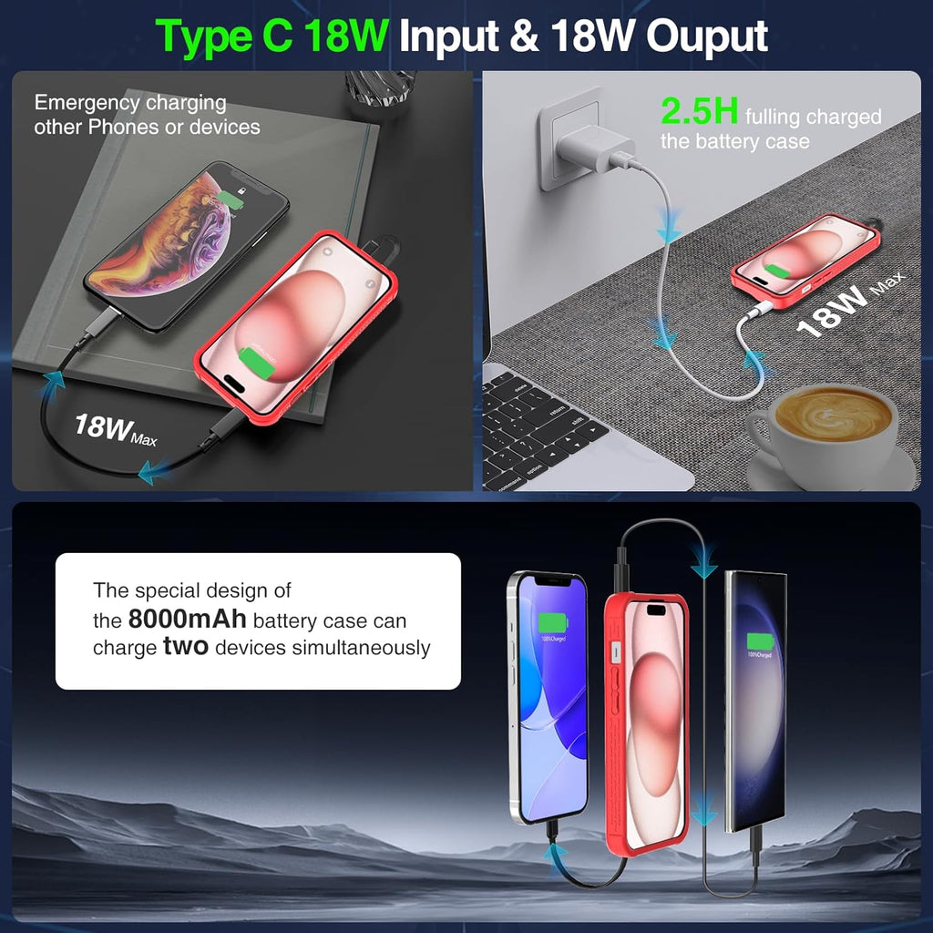 GIN FOXI Fast Charging Battery Case for iPhone 15 Pro Max/15 Plus, 8000mAh 15W Ultra Slim Charger Case Rechargeable Portable Extended Power Bank Case Cover Battery Pack Built-in Cable, Red(6.7”)