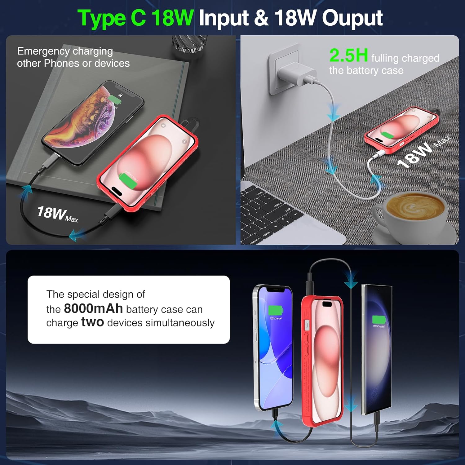 GIN FOXI Fast Charging Battery Case for iPhone 15 Pro Max/15 Plus, 8000mAh 15W Ultra Slim Charger Case Rechargeable Portable Extended Power Bank Case Cover Battery Pack Built-in Cable, Red(6.7”)