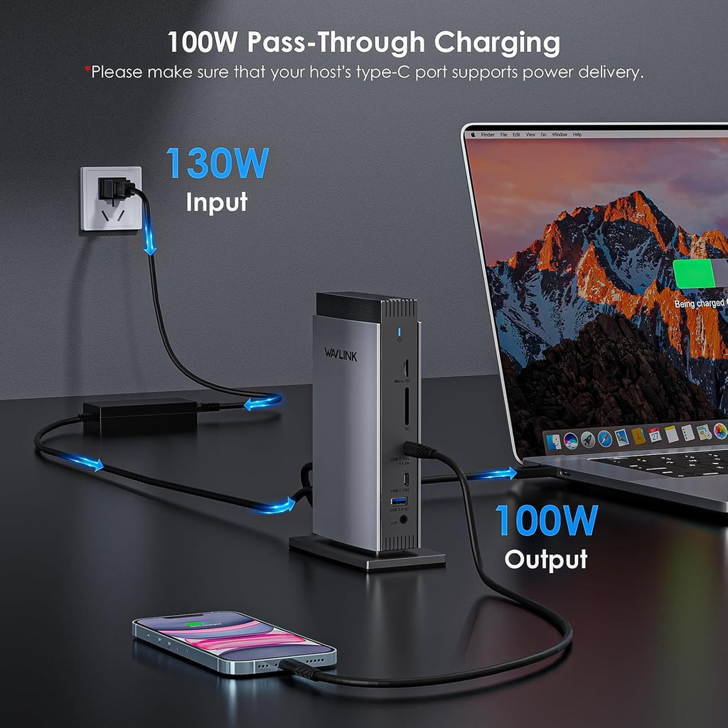 WAVLINK USB C DisplayLink Docking Station 15 in 1 with 3 HDMI,Laptop Docking Station Triple Monitor 4K60Hz,for M1 M2 M3 Mac and Windows,5 USB Ports, 2DP,Ethernet Port, Audio/Mic, SD/TF