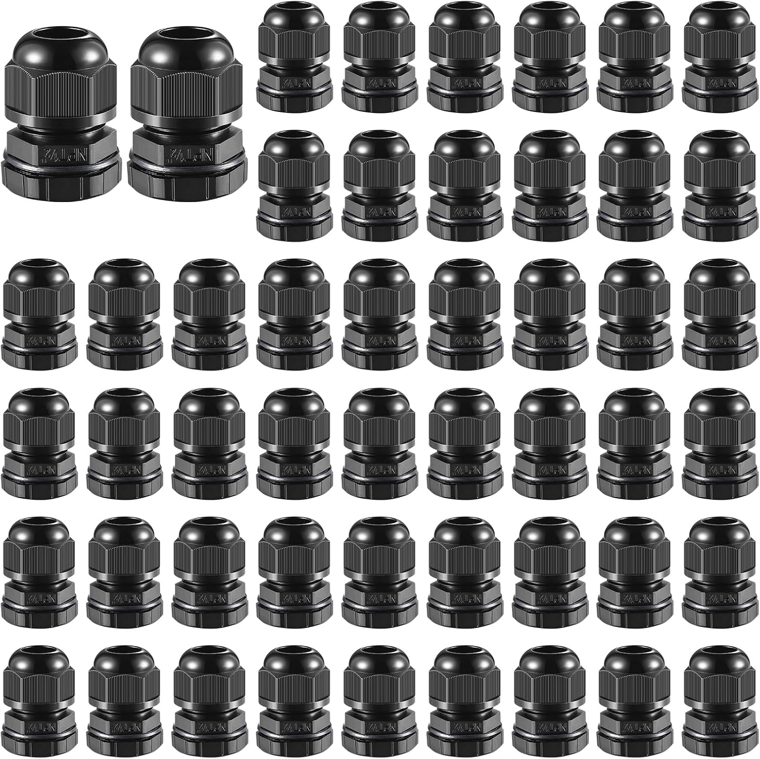 50 PCS 1/2"(6-12.5mm) NPT Nylon Cable Gland Joints with Gaskets, IP68 Adjustable Lock Nut Strain Relief Cord Grip Waterproof Cable Glands - UL Listed and RoHS Compliant