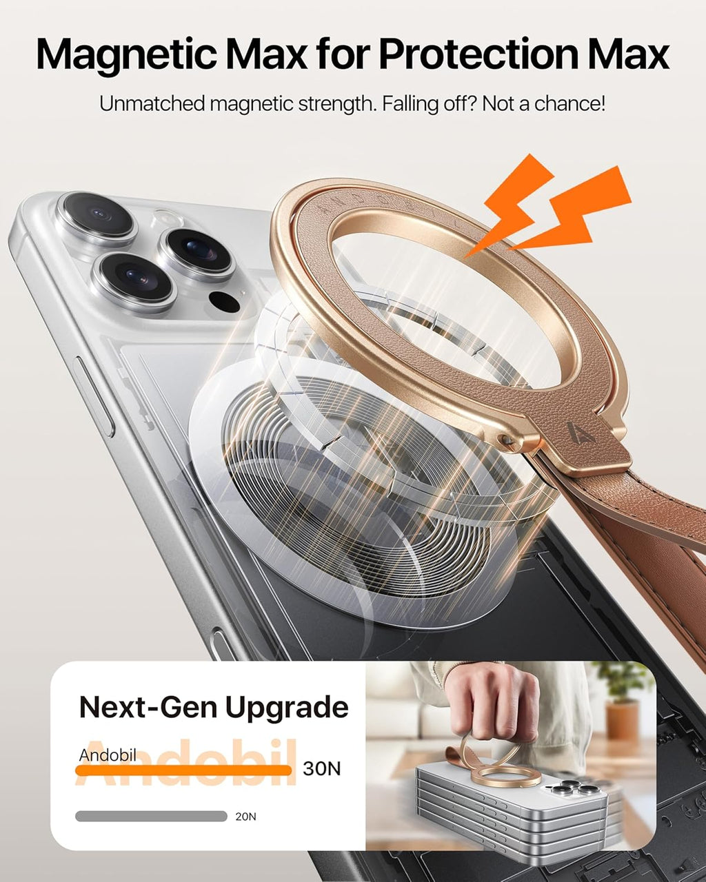 andobil[2025 Premium Leather]Magnetic Phone Grip for MagSafe[Unrivaled Stability]Adjustable Phone Ring Kickstand with Leather Loop Compatible with MagSafe Accessories&iPhone 16 Pro Max/15/14/13,Brown